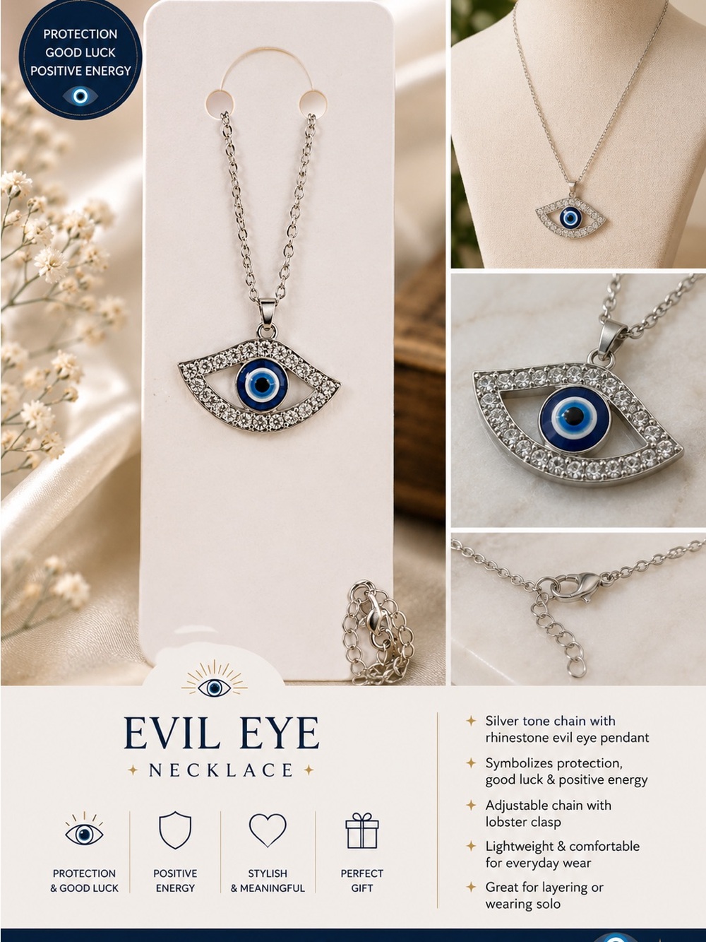 Evil Eye Necklace with Blue Center - Silver Tone